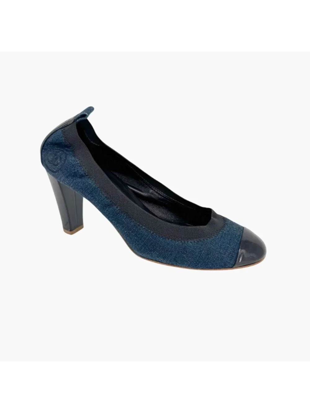 Chanel Elastic CC Logo Blue Denim Pumps High Heels Size 39 US 8-8.5 Women